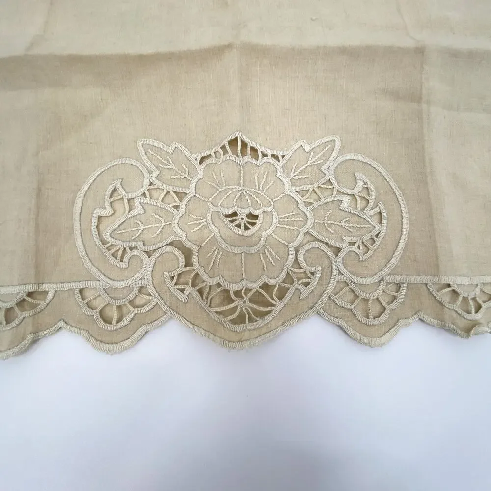 Vintage Linen Dresser Scarf Floral Cutwork Beige Table Runner Cottagecore